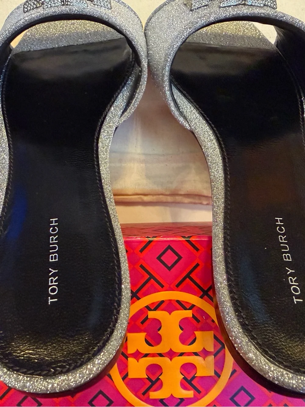 Tory Burch Silver Glitter Double-T Crystal Eleanor Slide Sandals - Picture 5 of 12